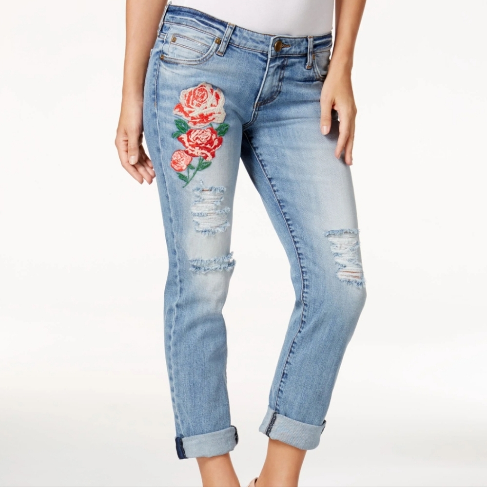 Kut From The Cloth Reese Ankle Straight Leg Rose Floral Embroidered Jeans 4